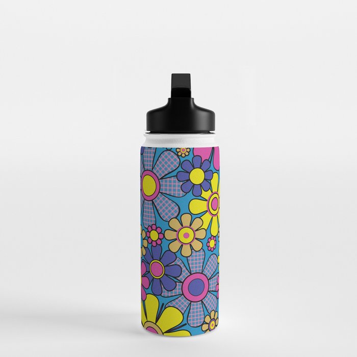 Retro Garden Gingham Flowers Maximalist Blue 60s 70s Floral Pattern Water Bottle Gallery Image 3