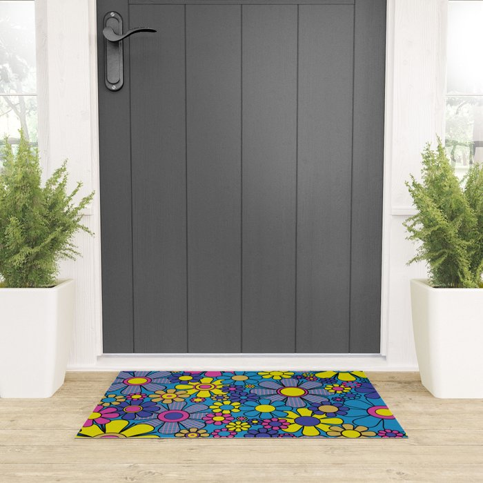 Retro Garden Gingham Flowers Maximalist Blue 60s 70s Floral Pattern Welcome Mat Gallery Image 3