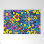 Retro Garden Gingham Flowers Maximalist Blue 60s 70s Floral Pattern Welcome Mat Gallery Image 1