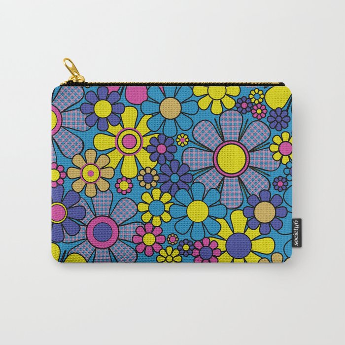 Retro Garden Gingham Flowers Maximalist Blue 60s 70s Floral Pattern Carry All Pouch Gallery Image 1