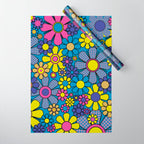 Retro Garden Gingham Flowers Maximalist Blue 60s 70s Floral Pattern Wrapping Paper Gallery Image 1