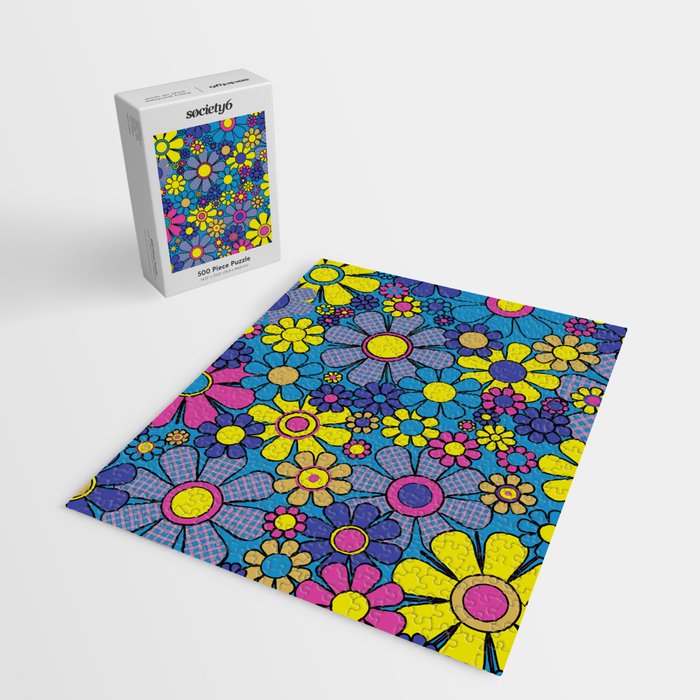 Retro Garden Gingham Flowers Maximalist Blue 60s 70s Floral Pattern Jigsaw Puzzle Gallery Image 2