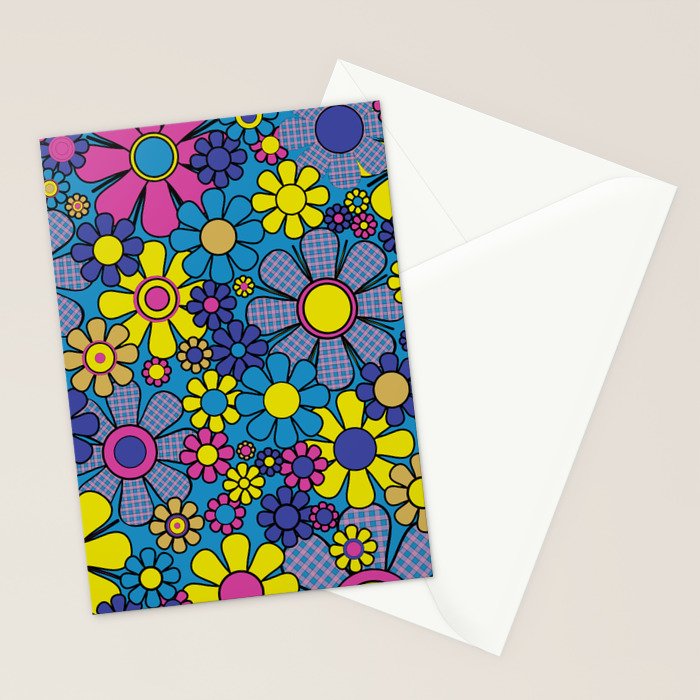 Retro Garden Gingham Flowers Maximalist Blue 60s 70s Floral Pattern Stationery Card Gallery Image 2