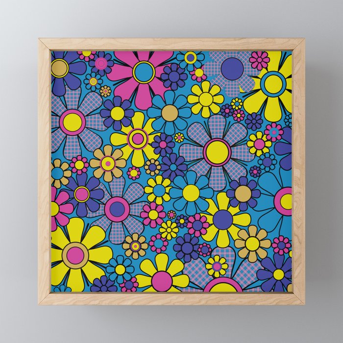 Retro Garden Gingham Flowers Maximalist Blue 60s 70s Floral Pattern Mini Art Print Gallery Image 1