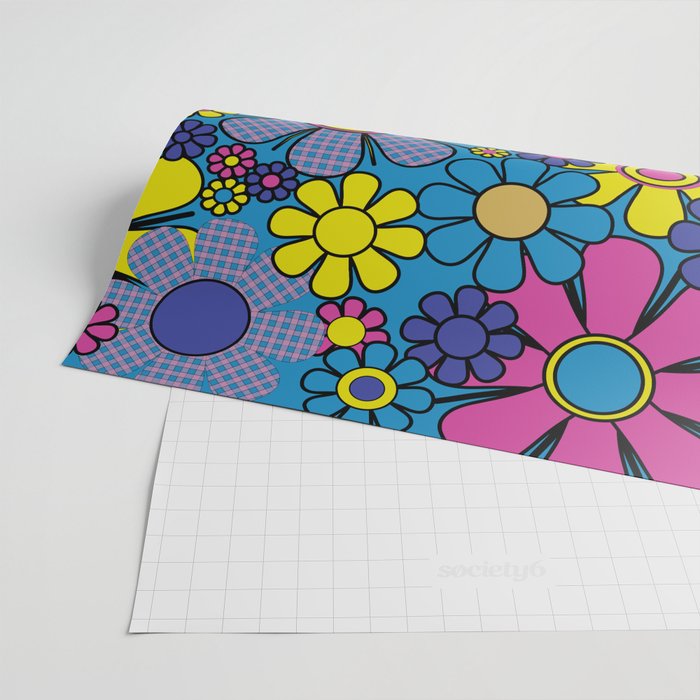 Retro Garden Gingham Flowers Maximalist Blue 60s 70s Floral Pattern Wrapping Paper Gallery Image 2