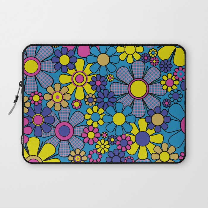 Retro Garden Gingham Flowers Maximalist Blue 60s 70s Floral Pattern Laptop Sleeve Gallery Image 1