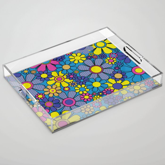 Retro Garden Gingham Flowers Maximalist Blue 60s 70s Floral Pattern Acrylic Tray Gallery Image 1