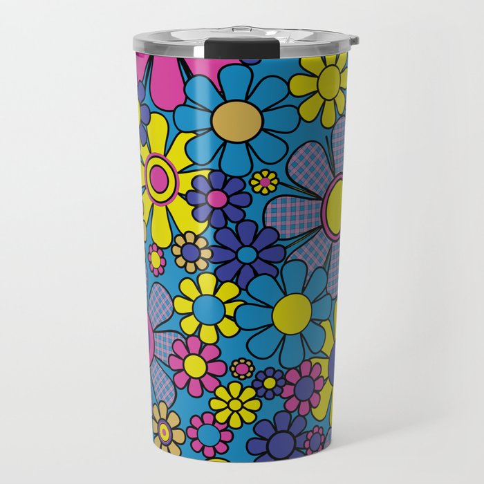 Retro Garden Gingham Flowers Maximalist Blue 60s 70s Floral Pattern Travel Mug