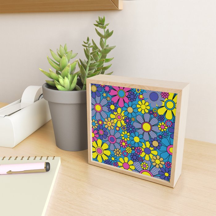Retro Garden Gingham Flowers Maximalist Blue 60s 70s Floral Pattern Mini Art Print Gallery Image 2