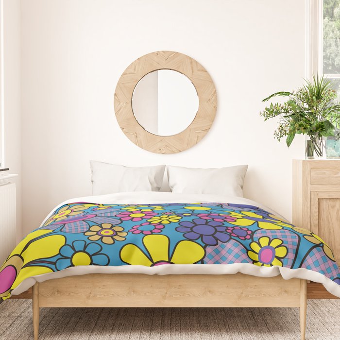 Retro Garden Gingham Flowers Maximalist Blue 60s 70s Floral Pattern Duvet Cover Gallery Image 3