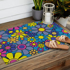 Retro Garden Gingham Flowers Maximalist Blue 60s 70s Floral Pattern Outdoor Rug Gallery Image 2