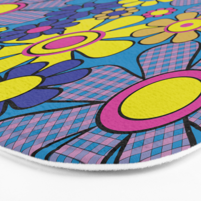 Retro Garden Gingham Flowers Maximalist Blue 60s 70s Floral Pattern Bath Mat Gallery Image 3