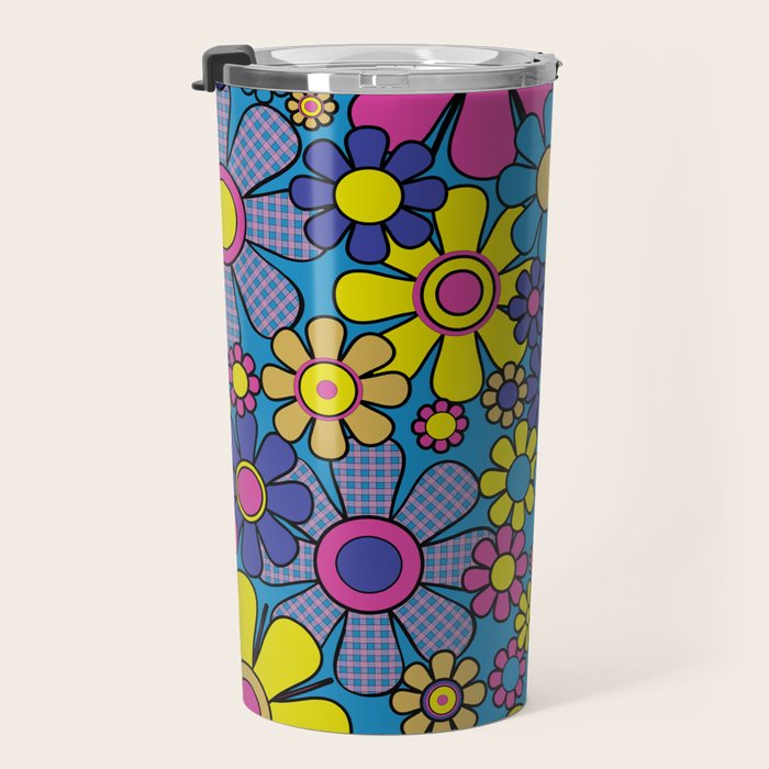 Retro Garden Gingham Flowers Maximalist Blue 60s 70s Floral Pattern Travel Mug Gallery Image 3
