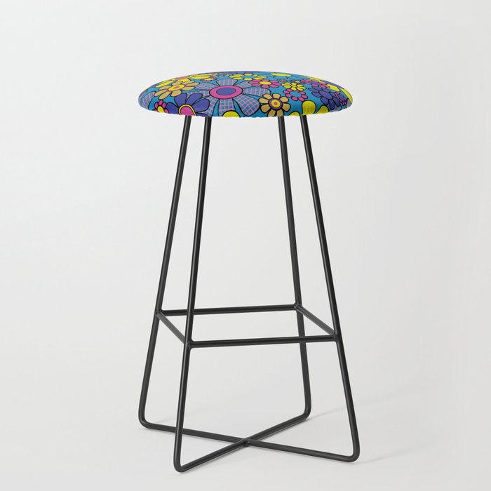 Retro Garden Gingham Flowers Maximalist Blue 60s 70s Floral Pattern Stool Gallery Image 1