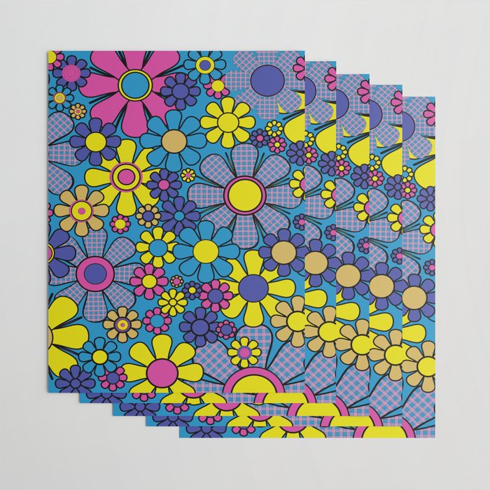 Retro Garden Gingham Flowers Maximalist Blue 60s 70s Floral Pattern Wrapping Paper Gallery Image 3
