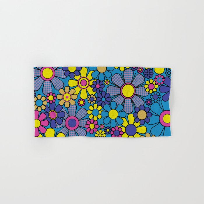 Retro Garden Gingham Flowers Maximalist Blue 60s 70s Floral Pattern Bath Towel Gallery Image 1