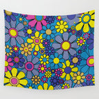 Retro Garden Gingham Flowers Maximalist Blue 60s 70s Floral Pattern Wall Tapestry Gallery Image 4