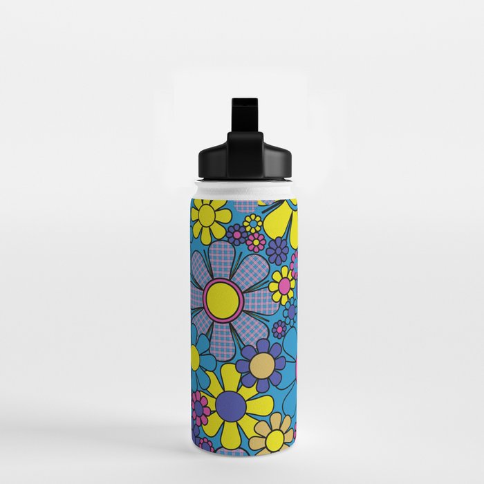 Retro Garden Gingham Flowers Maximalist Blue 60s 70s Floral Pattern Water Bottle Gallery Image 2