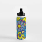 Retro Garden Gingham Flowers Maximalist Blue 60s 70s Floral Pattern Water Bottle Gallery Image 2