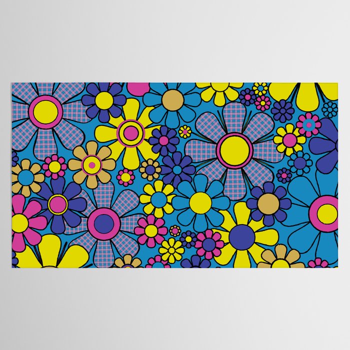 Retro Garden Gingham Flowers Maximalist Blue 60s 70s Floral Pattern Tablecloth Gallery Image 2