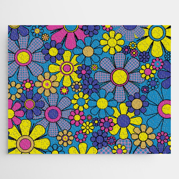 Retro Garden Gingham Flowers Maximalist Blue 60s 70s Floral Pattern Jigsaw Puzzle Gallery Image 1