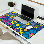 Retro Garden Gingham Flowers Maximalist Blue 60s 70s Floral Pattern Desk Mat Gallery Image 2