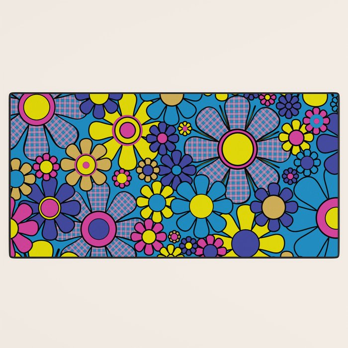Retro Garden Gingham Flowers Maximalist Blue 60s 70s Floral Pattern Desk Mat Gallery Image 3