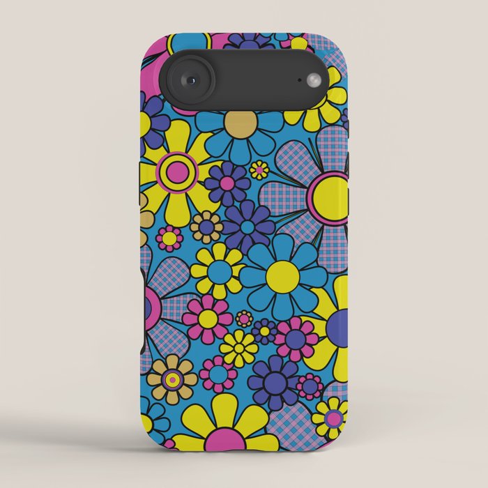 Retro Garden Gingham Flowers Maximalist Blue 60s 70s Floral Pattern iPhone Case Gallery Image 2