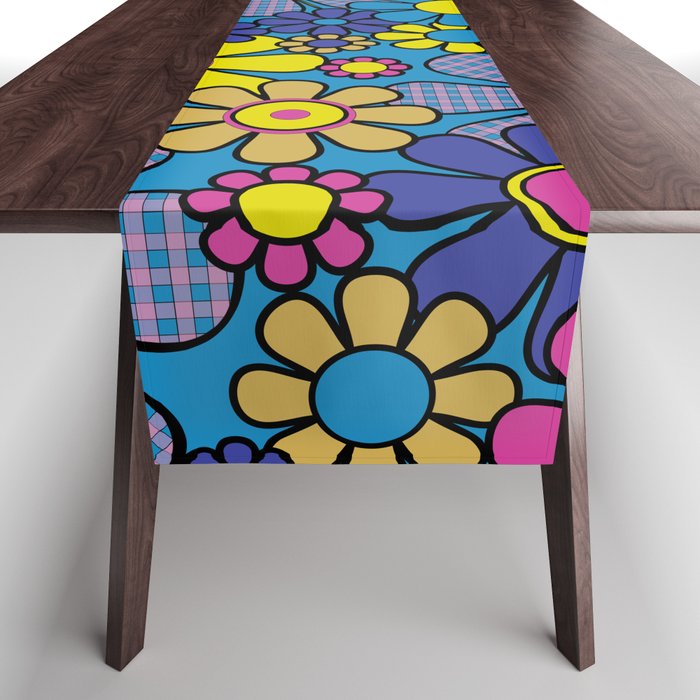 Retro Garden Gingham Flowers Maximalist Blue 60s 70s Floral Pattern Table Runner Gallery Image 1