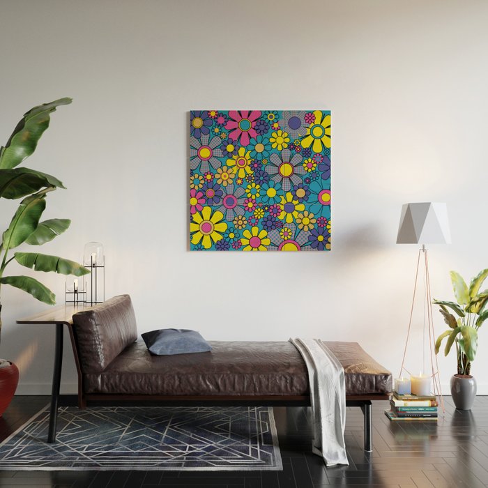Retro Garden Gingham Flowers Maximalist Blue 60s 70s Floral Pattern Wood Wall Art Gallery Image 2