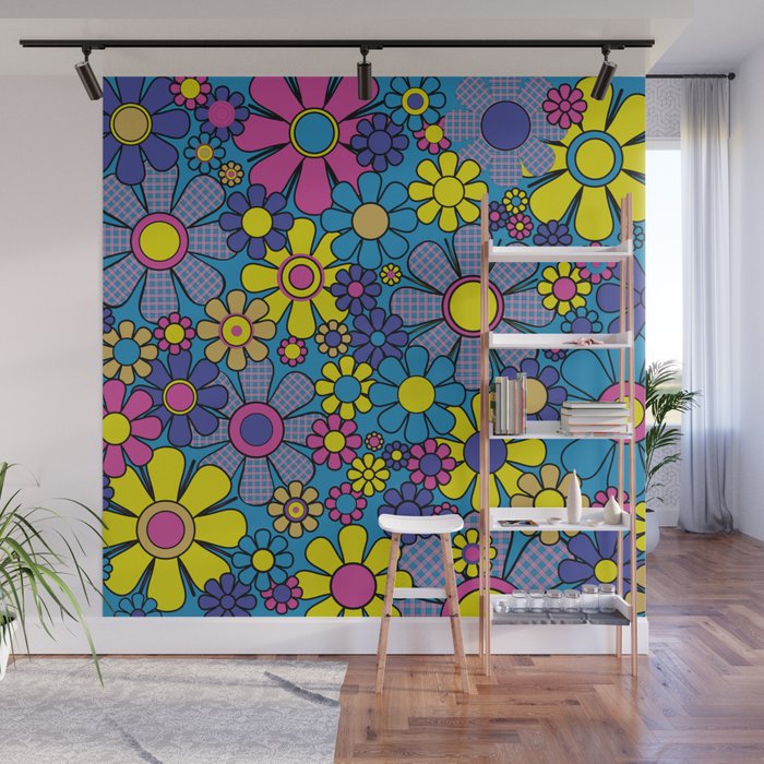 Retro Garden Gingham Flowers Maximalist Blue 60s 70s Floral Pattern Wall Mural Gallery Image 1