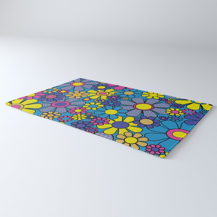 Retro Garden Gingham Flowers Maximalist Blue 60s 70s Floral Pattern Rug Gallery Image 3