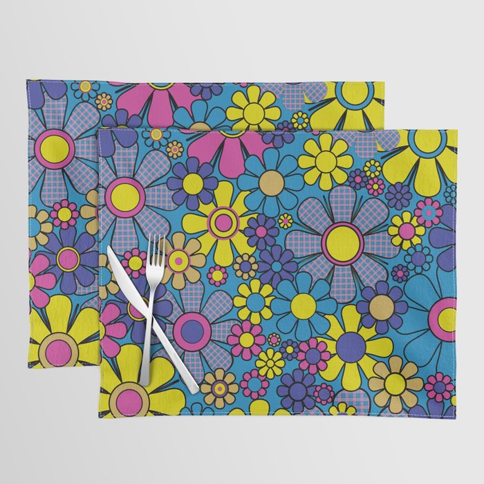 Retro Garden Gingham Flowers Maximalist Blue 60s 70s Floral Pattern Placemat Gallery Image 1
