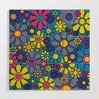 Retro Garden Gingham Flowers Maximalist Blue 60s 70s Floral Pattern Wood Wall Art Gallery Image 1