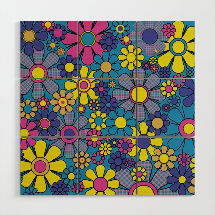 Retro Garden Gingham Flowers Maximalist Blue 60s 70s Floral Pattern Wood Wall Art Gallery Image 1