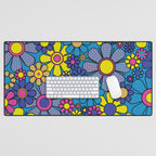 Retro Garden Gingham Flowers Maximalist Blue 60s 70s Floral Pattern Desk Mat Gallery Image 1