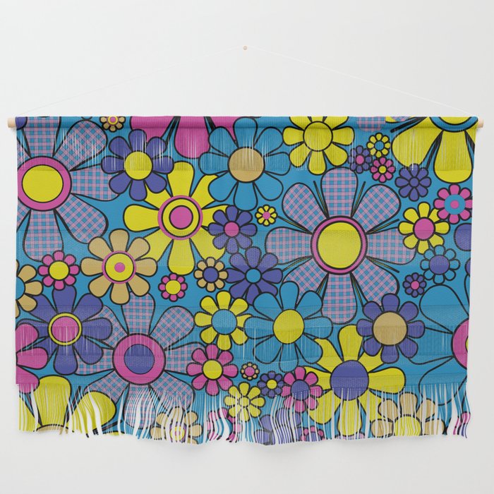 Retro Garden Gingham Flowers Maximalist Blue 60s 70s Floral Pattern Wall Hanging Gallery Image 1
