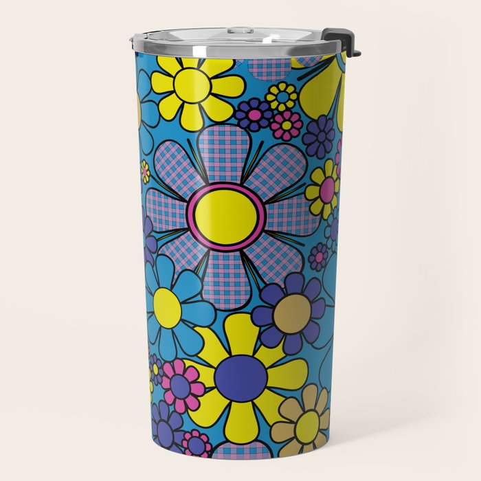 Retro Garden Gingham Flowers Maximalist Blue 60s 70s Floral Pattern Travel Mug Gallery Image 2