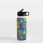 Retro Garden Gingham Flowers Maximalist Blue 60s 70s Floral Pattern Water Bottle Gallery Image 1