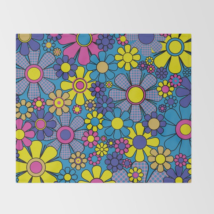 Retro Garden Gingham Flowers Maximalist Blue 60s 70s Floral Pattern Throw Blanket Gallery Image 2
