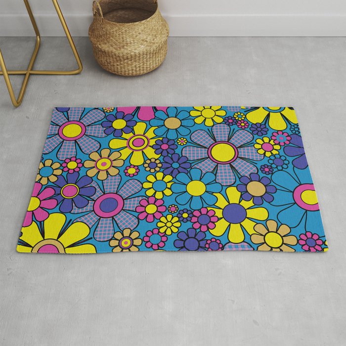Retro Garden Gingham Flowers Maximalist Blue 60s 70s Floral Pattern Rug Gallery Image 1