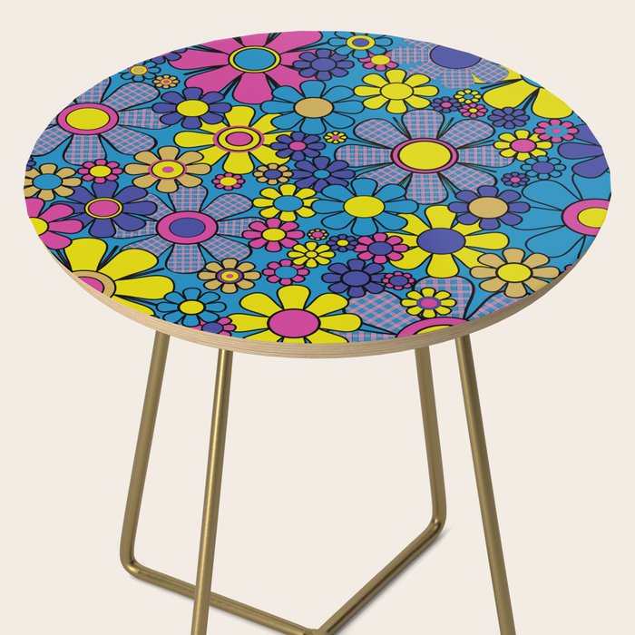 Retro Garden Gingham Flowers Maximalist Blue 60s 70s Floral Pattern Side Table Gallery Image 2