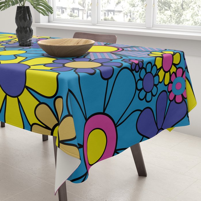 Retro Garden Gingham Flowers Maximalist Blue 60s 70s Floral Pattern Tablecloth Gallery Image 3