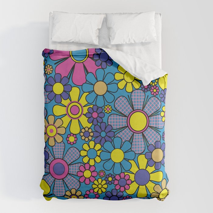 Retro Garden Gingham Flowers Maximalist Blue 60s 70s Floral Pattern Duvet Cover Gallery Image 6