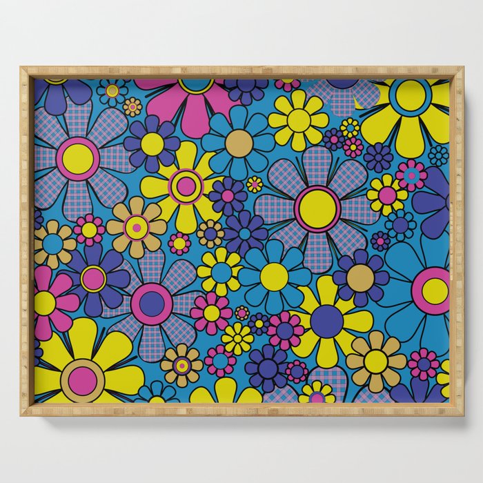 Retro Garden Gingham Flowers Maximalist Blue 60s 70s Floral Pattern Serving Tray Gallery Image 1