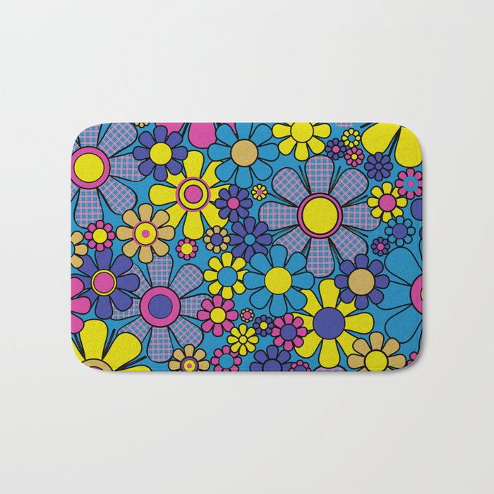 Retro Garden Gingham Flowers Maximalist Blue 60s 70s Floral Pattern Bath Mat Gallery Image 1