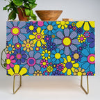 Retro Garden Gingham Flowers Maximalist Blue 60s 70s Floral Pattern Credenza Gallery Image 1