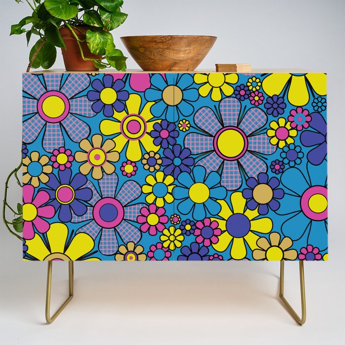 Retro Garden Gingham Flowers Maximalist Blue 60s 70s Floral Pattern Credenza Gallery Image 1