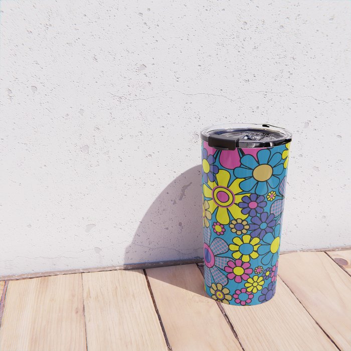 Retro Garden Gingham Flowers Maximalist Blue 60s 70s Floral Pattern Travel Mug Gallery Image 4