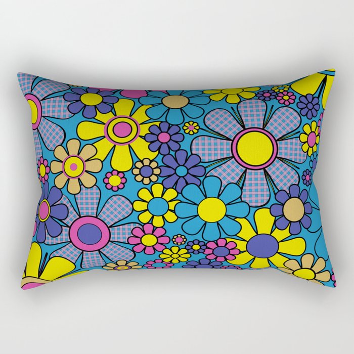 Retro Garden Gingham Flowers Maximalist Blue 60s 70s Floral Pattern Rectangular Pillow Gallery Image 2